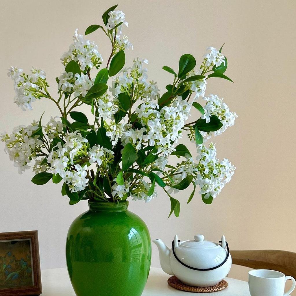 Premium Artificial Flowers with Green Ceramic Vase - Living Room Decorations