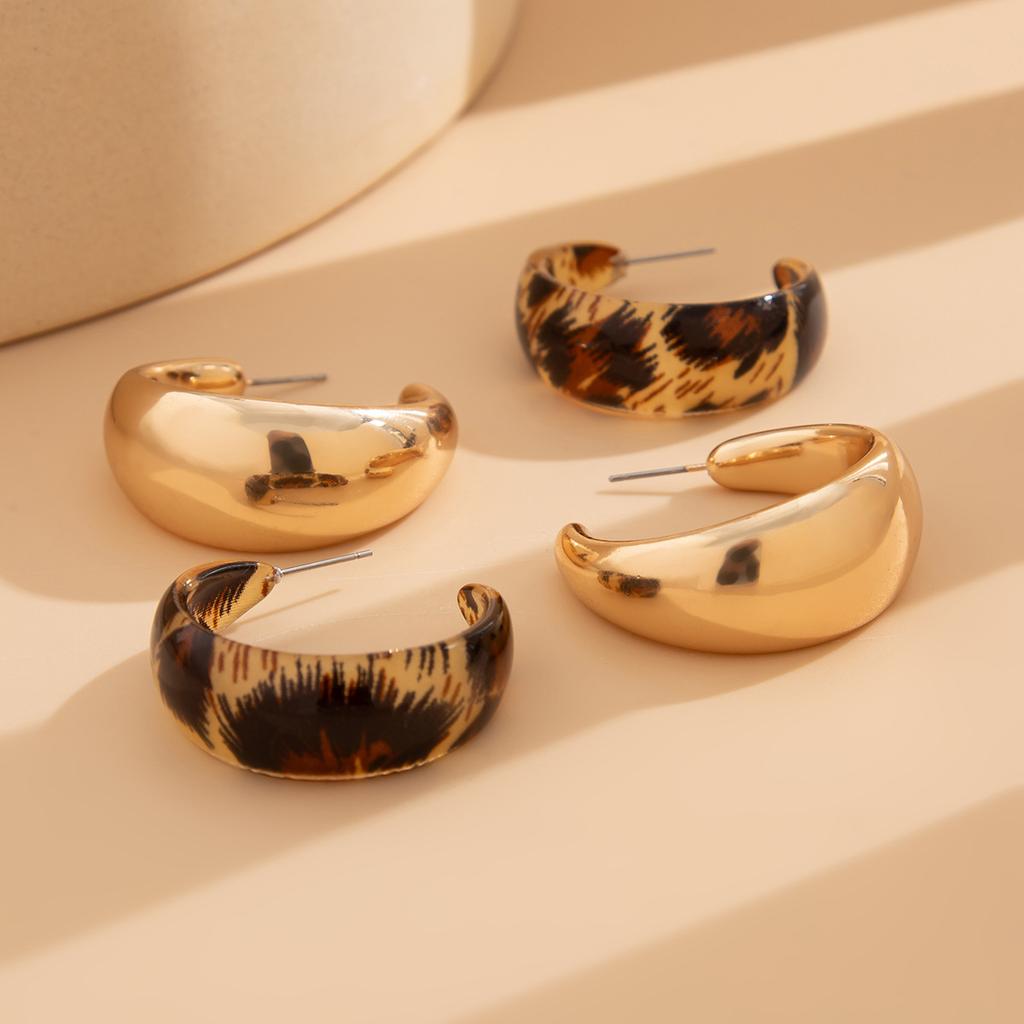 Earrings Niche Metal Smooth C-shaped Stud Earrings Set, Personalized Geometric Resin Leopard Print Earrings
