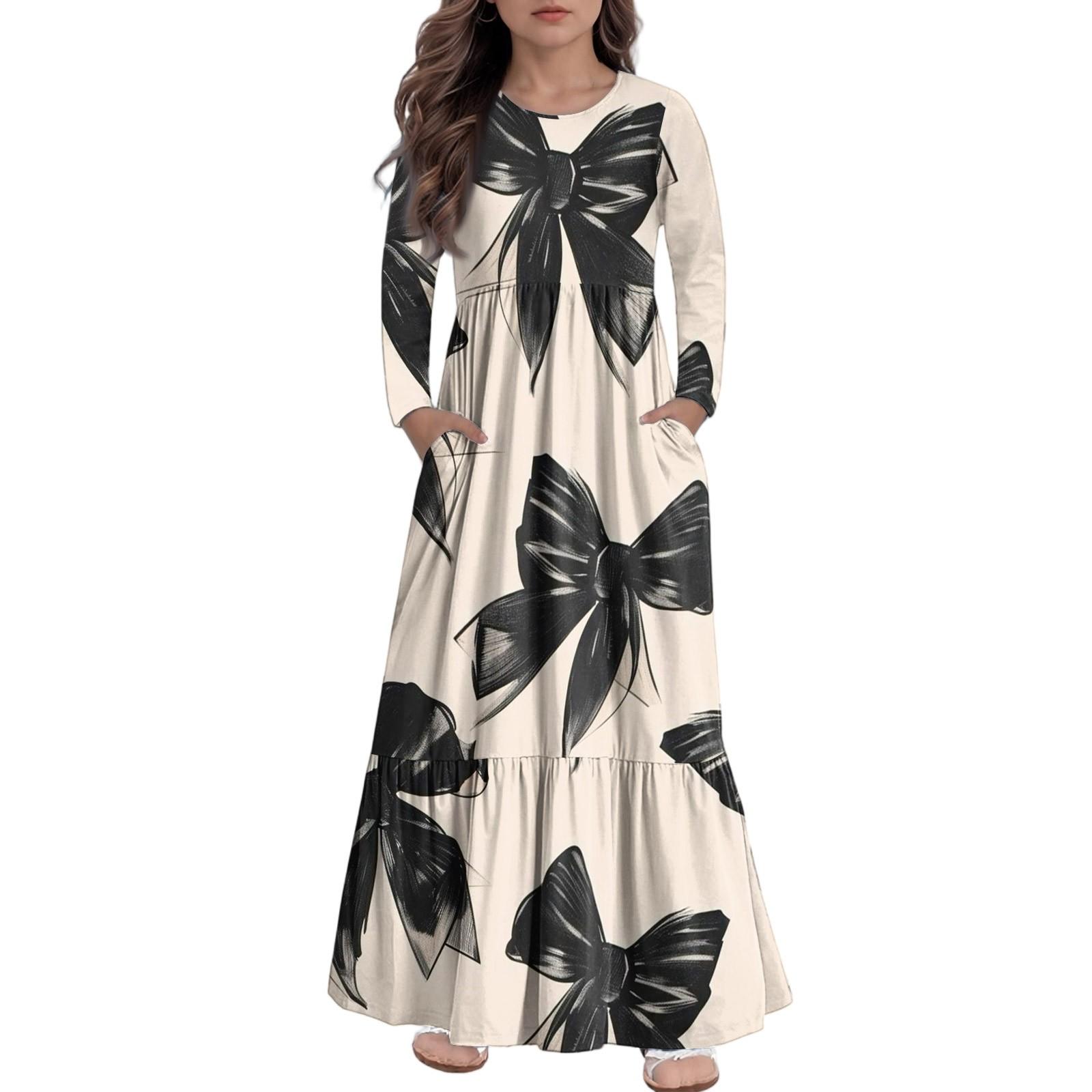 

Girls Maxi Dress Casual Holiday Dresses - Long Sleeve Dress With Pockets For 4-14Y 110 бежевий