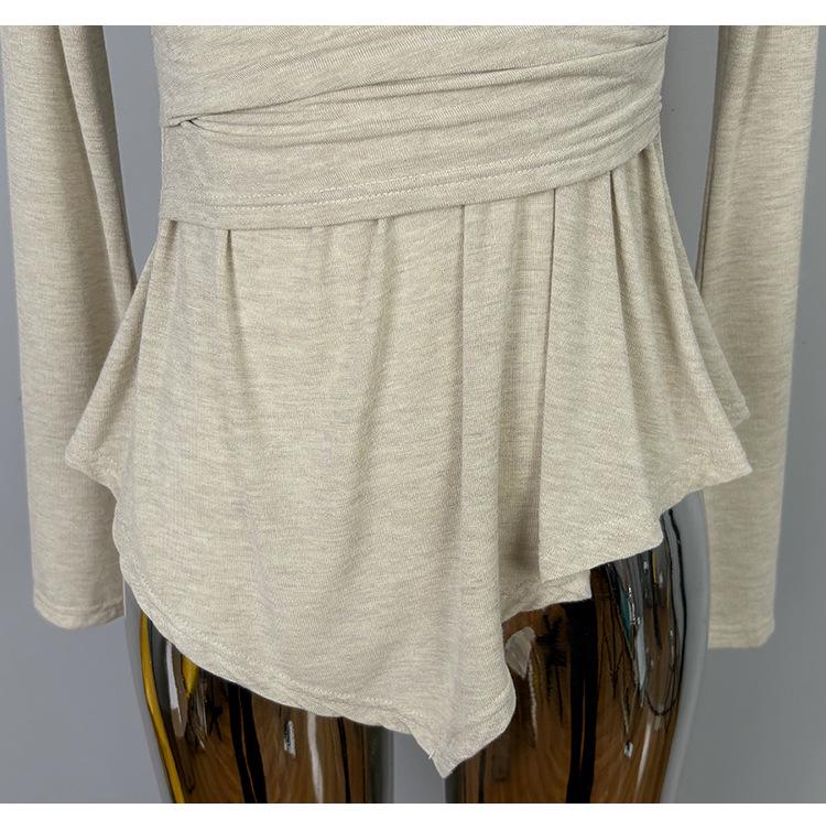 Korean Dongdaemun Style Sexy V-neck Long Sleeve Pleated Waist-cinching Slimming T-shirt for Women