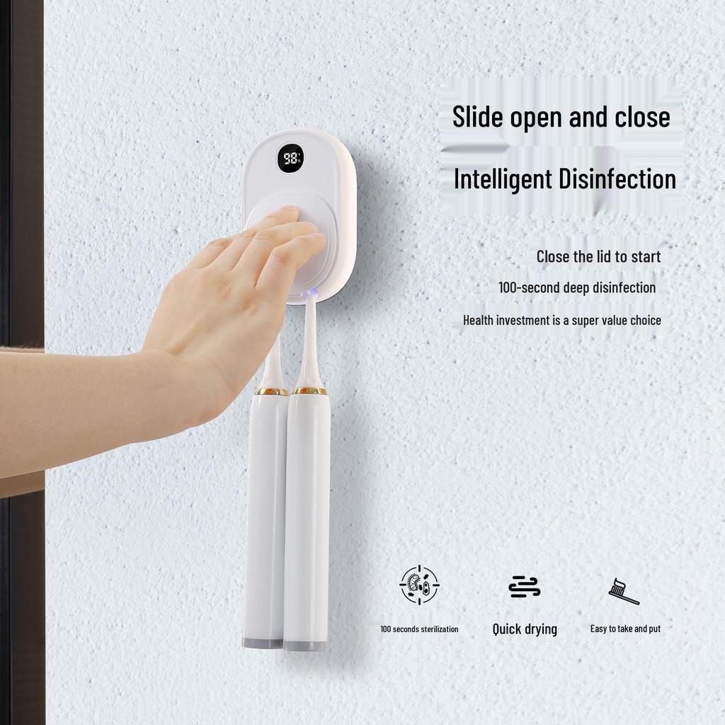 Portable Wall-Mounted UV Toothbrush Sterilizer and Dryer - Double Electric Brush Compatible, No-Punch Installation