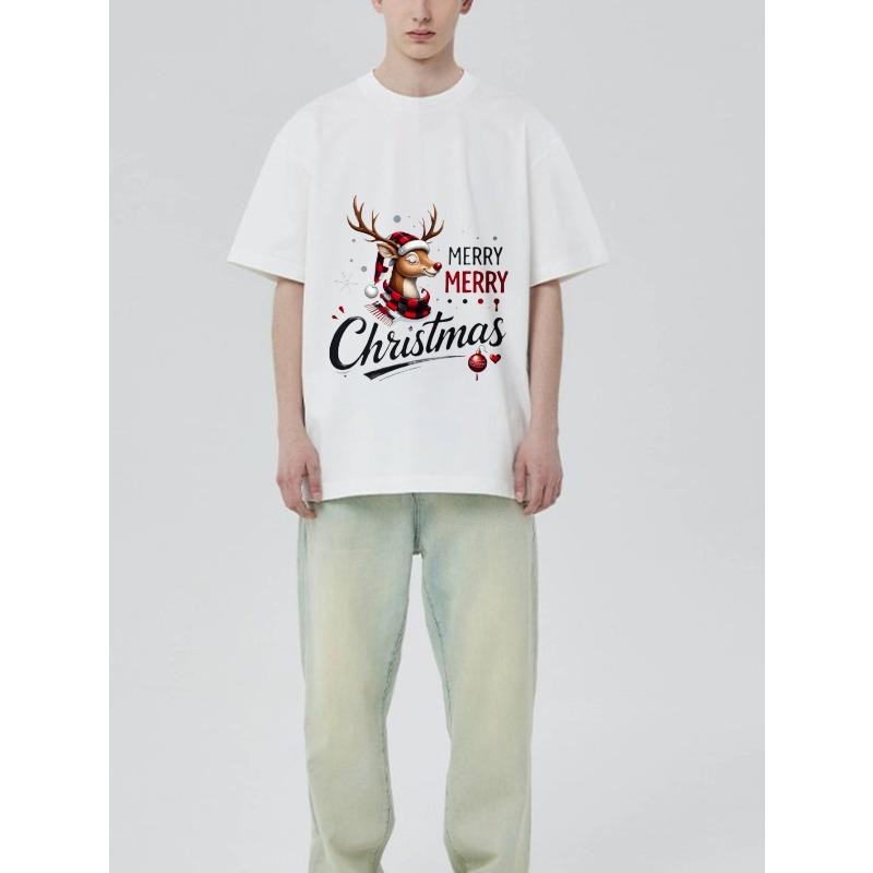 Weihnachts-T-Shirt Schwarz Rentier mit Weihnachtsmannmütze und Schal Merry Christmas Text Feiertagsparty-Kleidung
