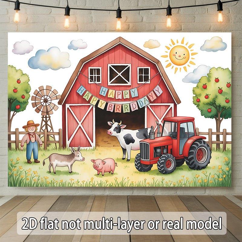 Party Backdrop Red Farm Flat Barn Tractor Animals Farmer Rustic Scene Celebration Photo Booth Front Door Decor