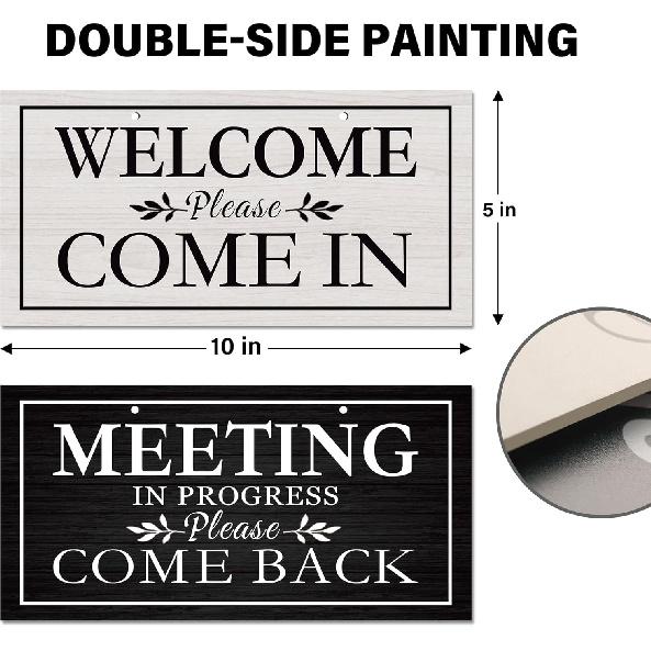 Double-Sided Office Door Hanger Sign, Acrylic Welcome Please Come In, Meeting In Progress Please Do Not Disturb, Red/Green and Wood Grain Options
