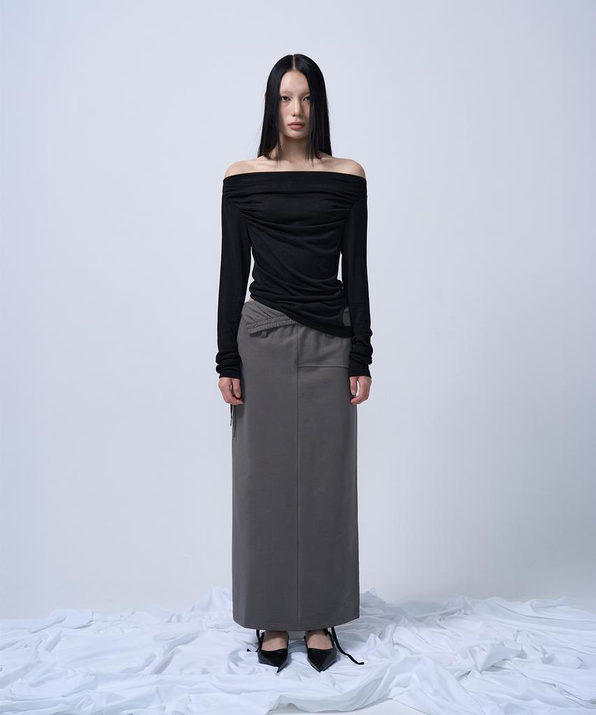 G Museum Folding Waist Band Maxi Skirt (Charcoal Khaki)