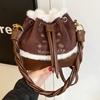 Letter Suede Bucket Bag for Women Autumn Winter New Lamb Wool Crossbody Bags Solid Color Versatile Mini Shoulder Pack