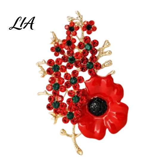 Veteran Commemorative Jewelry Never Forgotten Victory Blossom Brooch, Red Flower Lapel Pin Decorative Memorial with Rhinestone, Alloy Badge