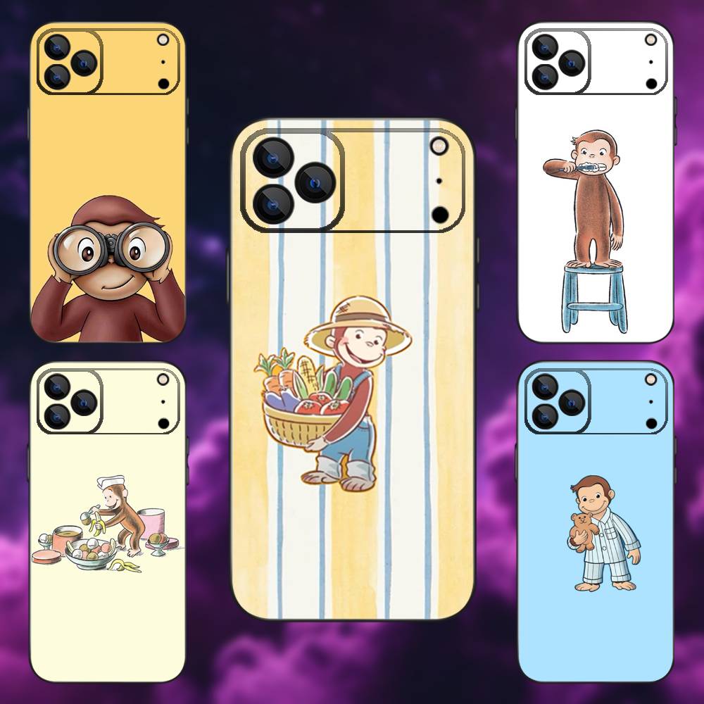 Curious G-George Monkey Phone Case For iPhone 17,16,15,14,13,12,Pro,Max,Plus,E,SE4,Air,Mini Black Soft Box