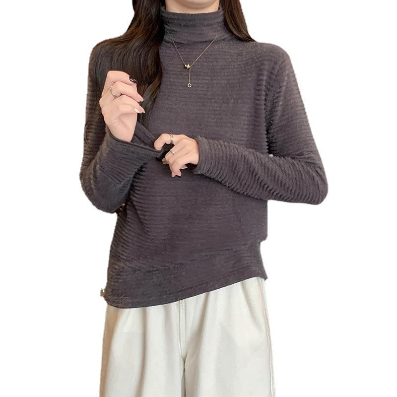 Women's Winter 2022 Mink Velvet Lace Shirt - Slim Fit, Half-High Collar, Solid Color Top