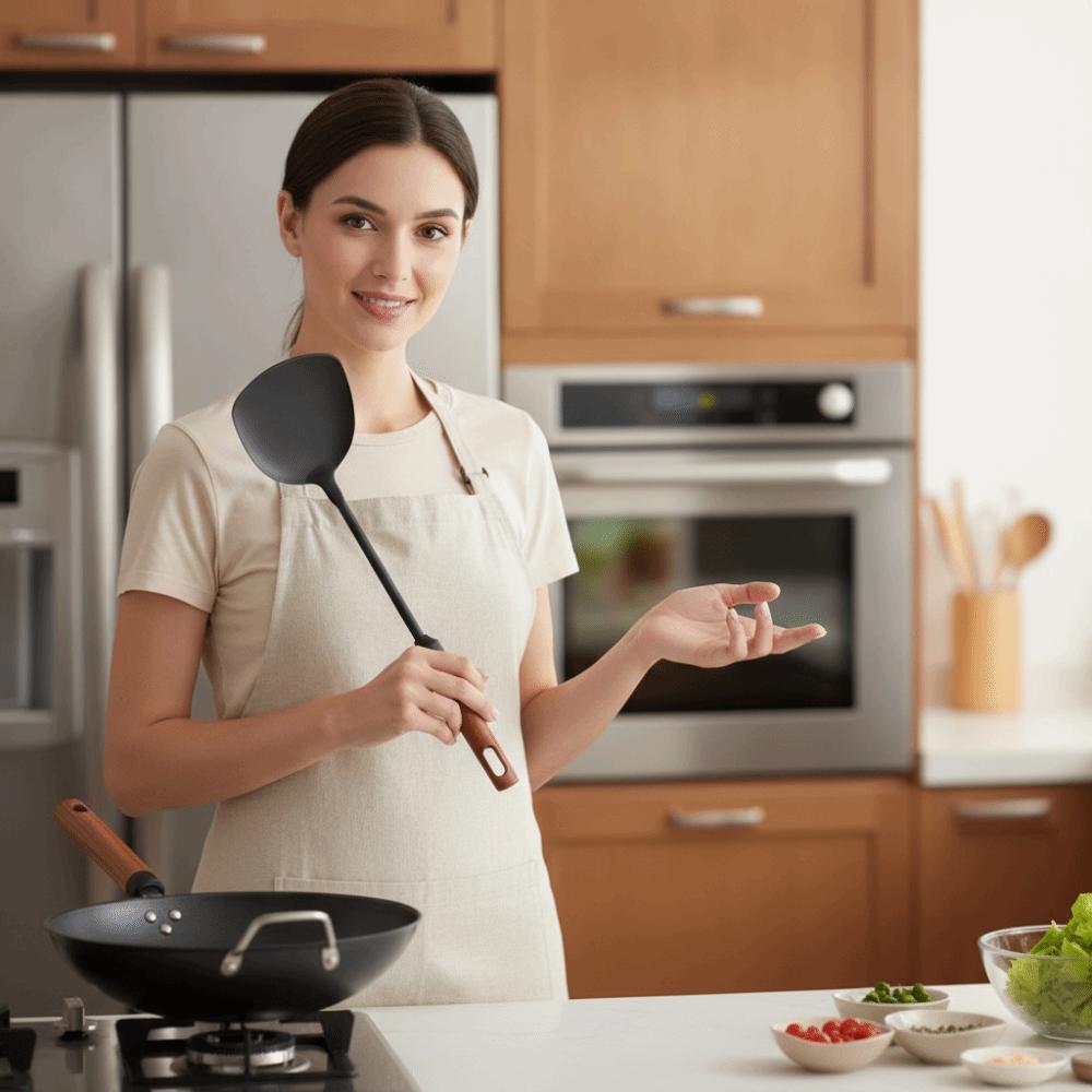 Heat-resistant Iron Wok Spatula Wood Long Handle Strainer Spoon Frying Scoop Chinese Restaurant