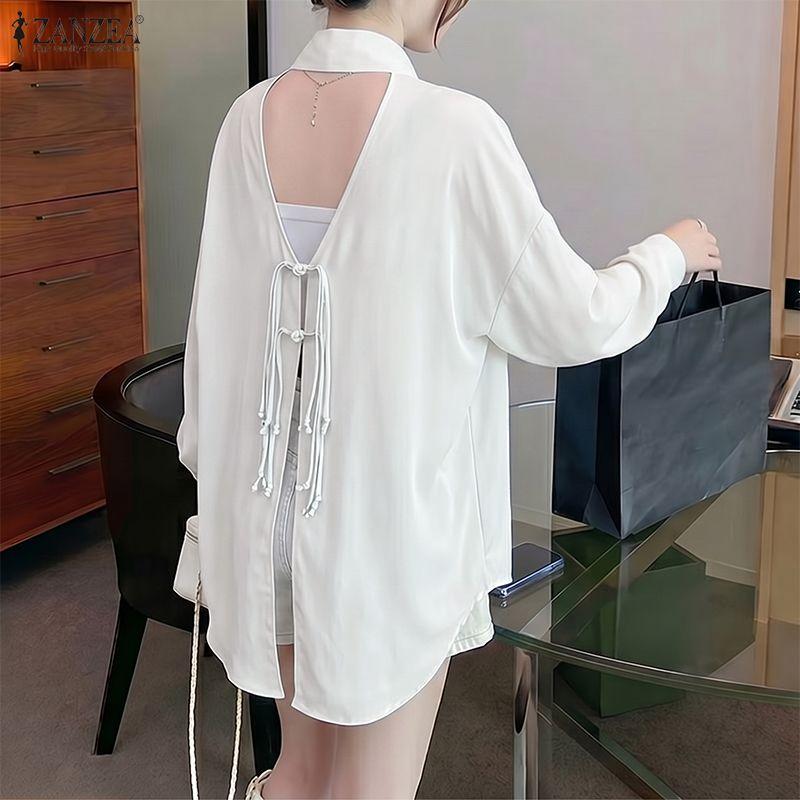 ZANZEA Women Casual Turn Down Collar Loose Backless Long Sleeve Blouse