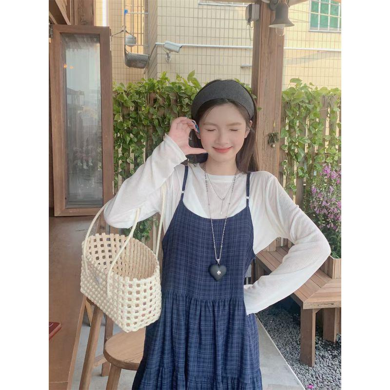 

Kumikumi Idle Style Thin Suit Long Sleeves T-shirt Women Fall Bandage Dress Gingham Sling Dress Two-piece Set Long sleeve t-shirt One size