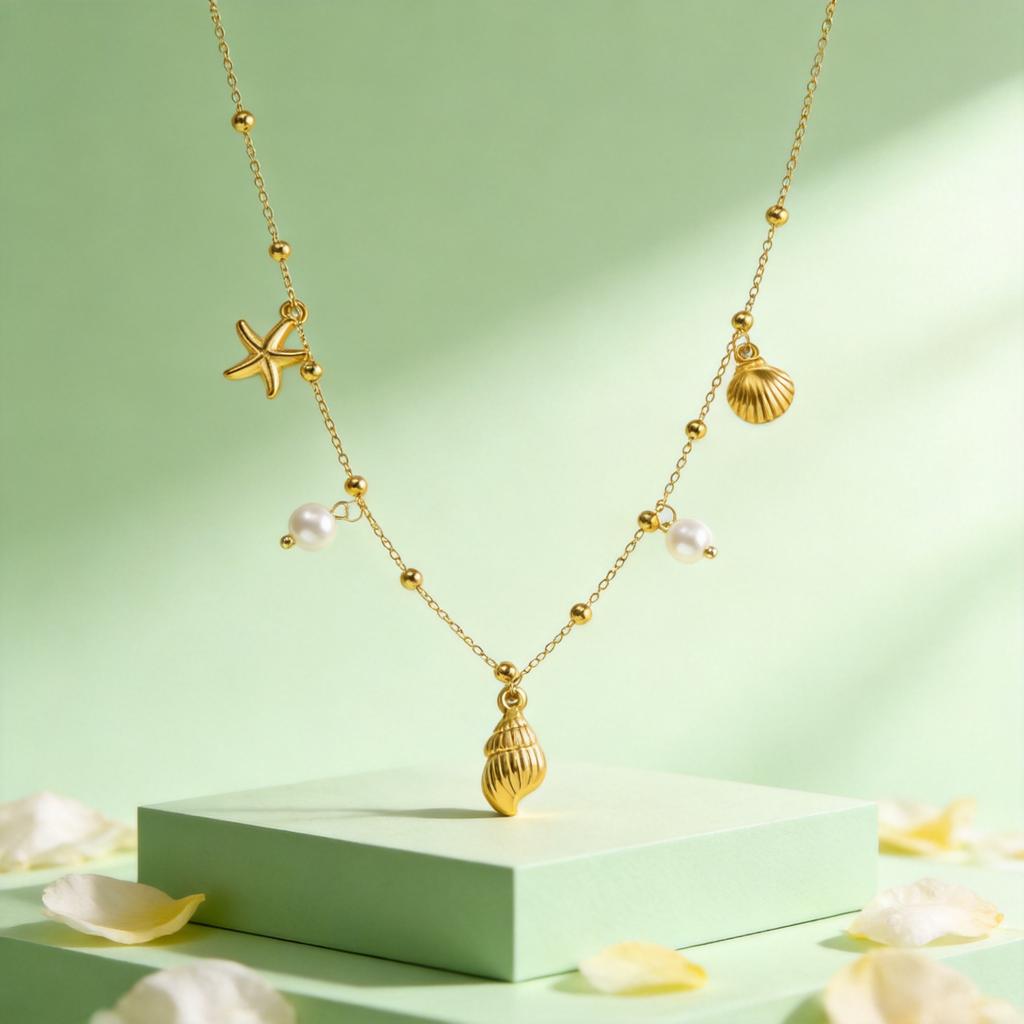 Statement Ocean Style Starfish Necklace Stainless Steel Chain Conch Shell Pendant Exaggerated Handmade Holiday Jewelry Gift