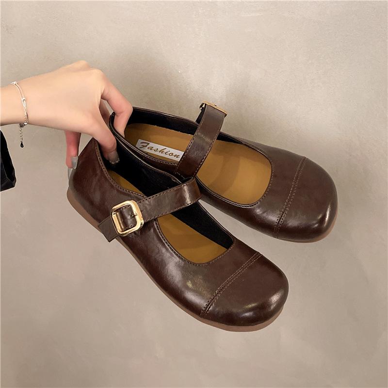

Flat-bottomed leather soft-soled shallow-mouth small single shoes for women s 2025 spring new one-pedal belt buckle versatile Mary Jane shoes 40 коричневий