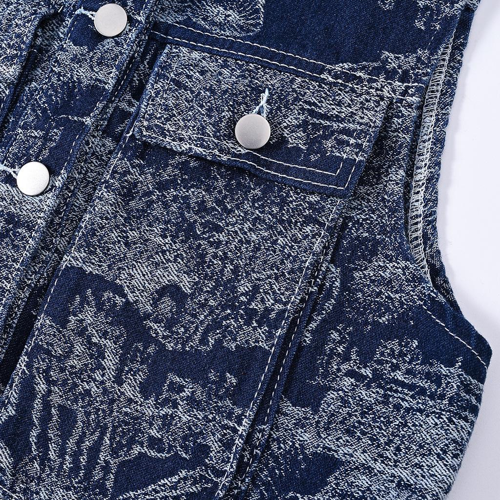 Retro Jacquard Denim Blazer for Ladies - Spring/autumn New Style. Embroidered Casual Piece with No Sleeves. Blouse-like Top.