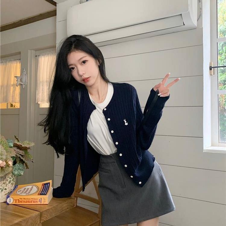 Early Autumn Women's V-Neck Knit Cardigan - College Style, Short, Embroidered, High-Waisted Korean Fashion Sweater
