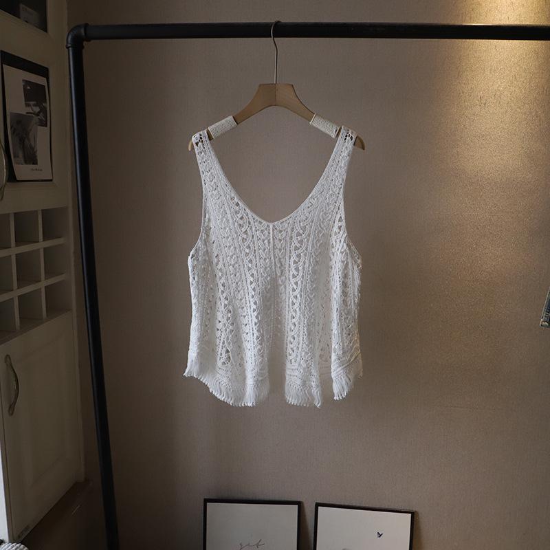 

[Би Чжэн] Летний корейский вязаный танк с V-образным вырезом, вырезами и кисточками для женщин One Size белый
