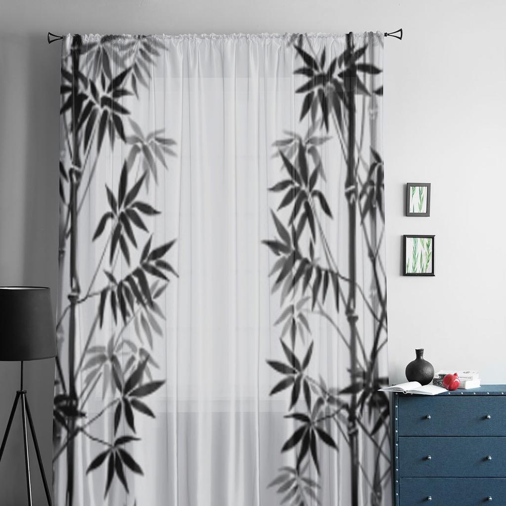 Bamboo Black And White Tulle Sheer Curtains for Living Room the Room Bedroom Kitchen Decoration Voile Organza Curtains