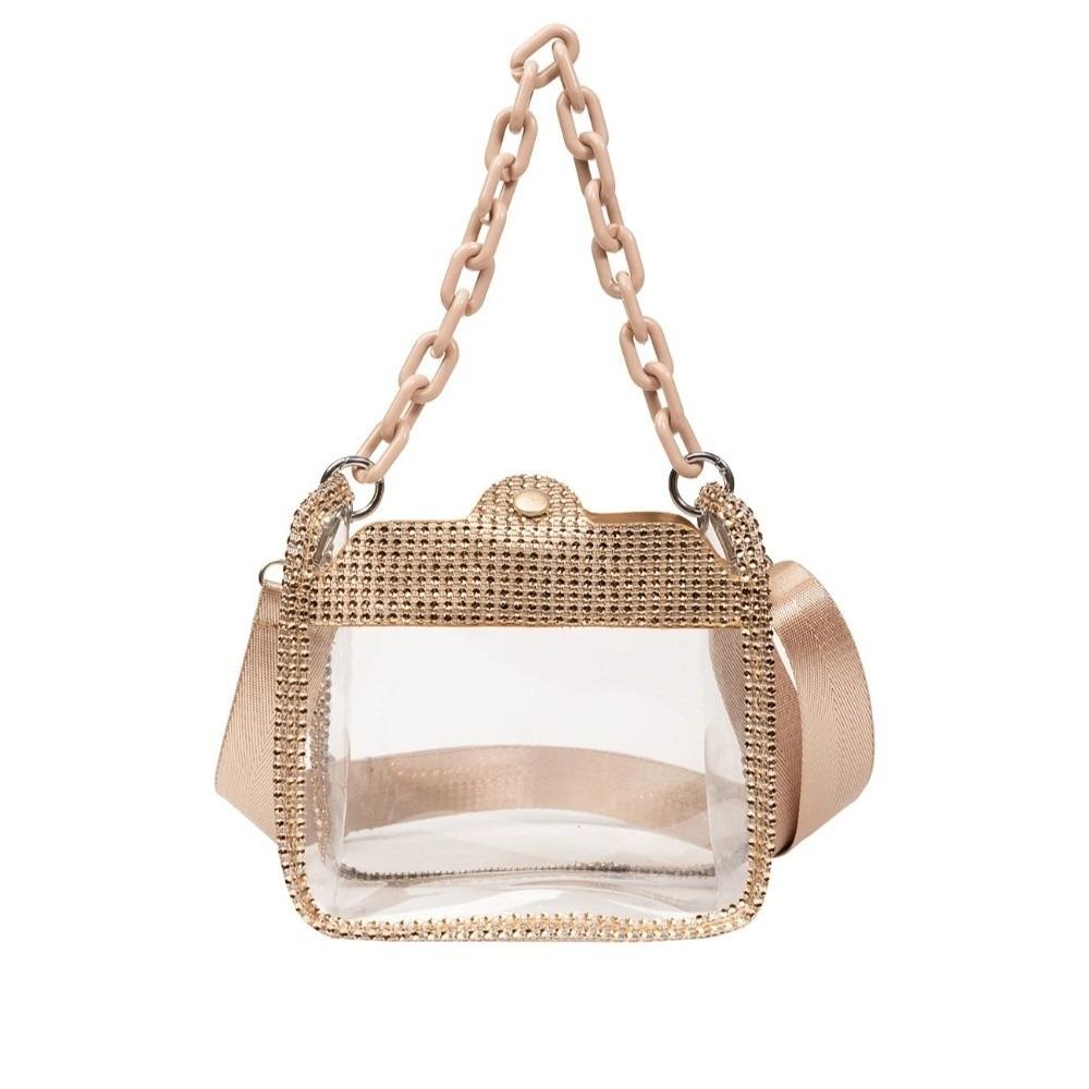 Clear PVC Water-Sprinkling Festival Bag Thick Chain Rhinestone Inlaid Shoulder Bag Casual Outing бледный золота