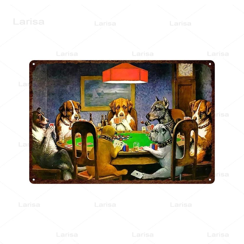 Dogs Playing Poker Game Metal Plaque Animals Playing Billiards Tin Sign Garage Club Wall Pub Tin Sign Vintage Metal Posters