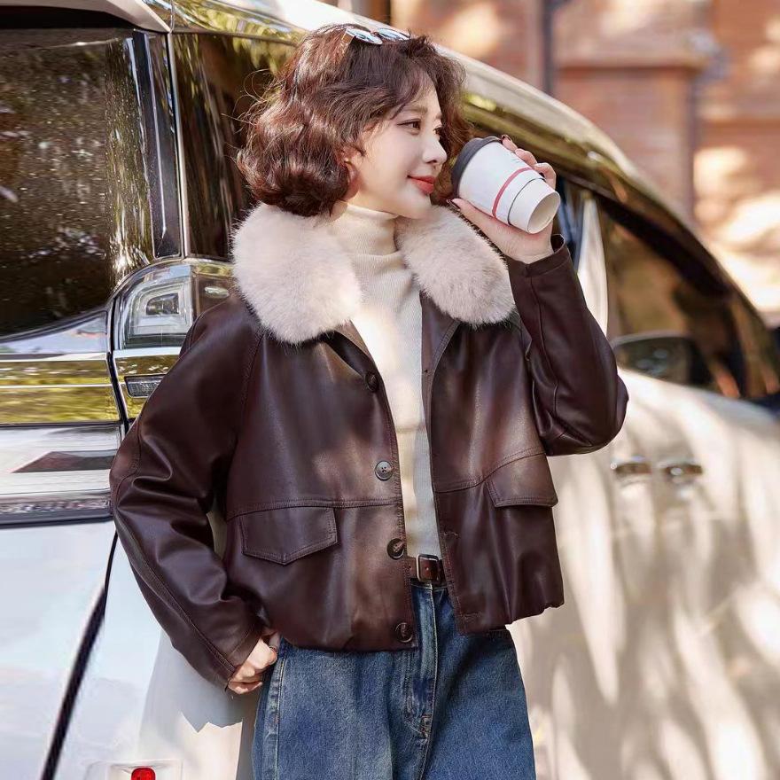 Fleece leather jacket short coat women's winter new thickened warm fashion leather jacket top
