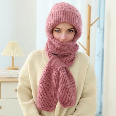 Winter Knit Hat with Integrated Scarf Solid Color Thickened Velvet Women Hat Long Scarf Set Cold Weather Headwear