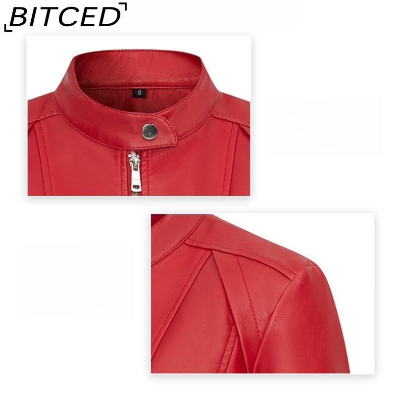 Fashionable Women's PU Leather Jacket, Stand Collar, Lightweight Spring/Autumn Style, Red Leather Jacket