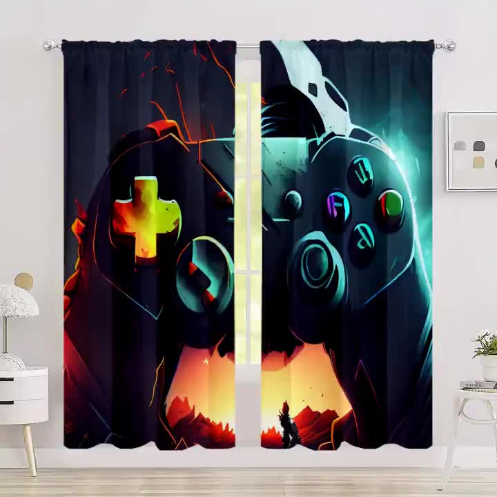 2pcs Game Play Handle Controller Gamepad Kids Curtains Blinds Window Treatment for Bedroom Office Kitchen Living Room Home Decor