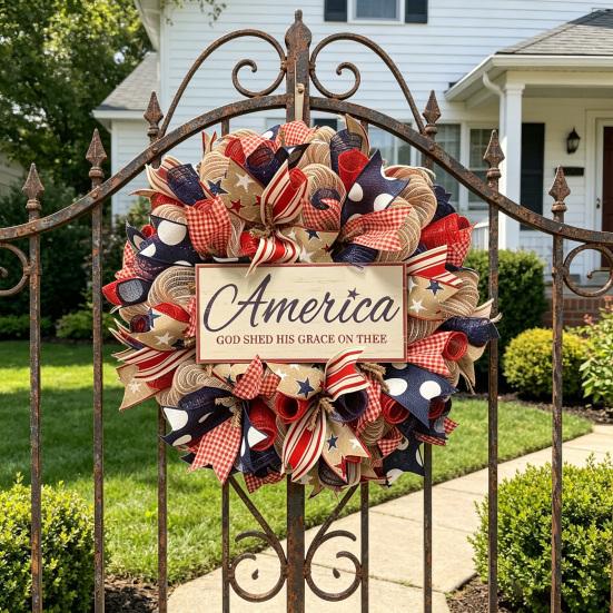 Patriotic Wreath for Front Door Handmade 4th of July Door Hanger Red White Blue American Wooden Hanging Plaque for Wall Porch Memorial Day Decor