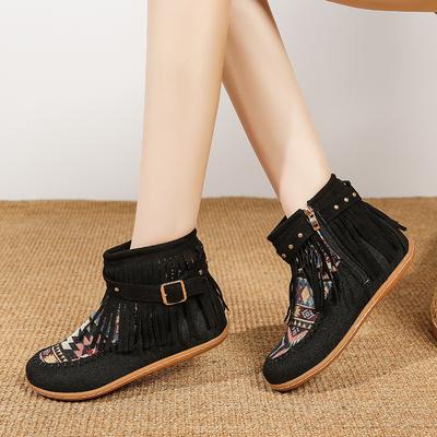 2025 Autum Retro Bohemia Women Tassels Round Toe Short Boots Winter Casual Flat Rivet Buckle Flat Suede Ankle Boots Warm Shoes