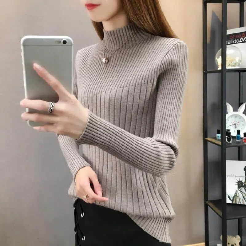 Autumn Winter Slim Casual Fashion Half High Collar Sweater Women Solid Color All-match Bottomed Knitting Tops