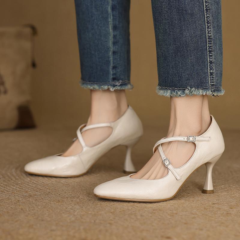 Fashion 2025 New Spring Square Heeled Women Pumps Buckle Strap Genuine Leather Office Lady Shoes Woman Retro Round Toe Black Mary Janes