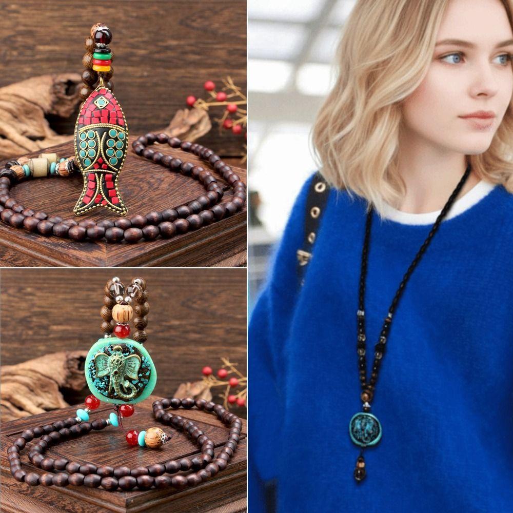 Wood Pendant Necklace Resin Long Beaded Necklace New Wooden Bead Necklace