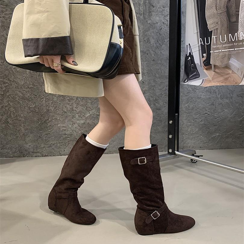 2025 new Dongdaemun, inner height increase 5cm long boots Korean fashion buckle design stacked medium boots women