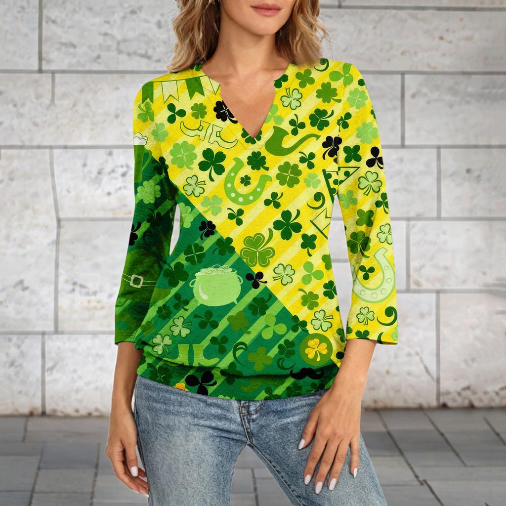 Damen 3/4-Arm Oberteil mit Bündchensaum, V-Ausschnitt, Sommer Freizeit-T-Shirt, St. Bedrucktes Oberteil zum St. Patrick's Day
