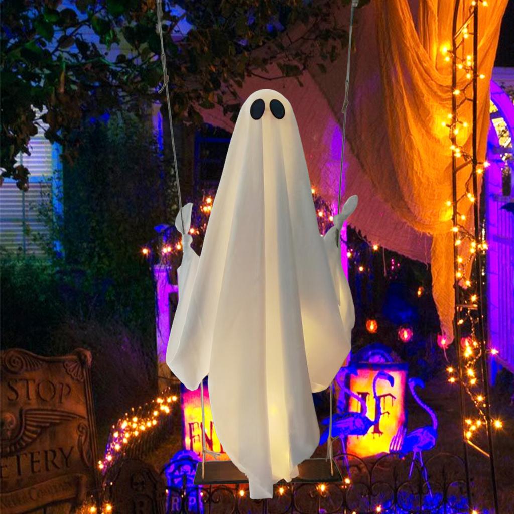 Large Hanging Swing Ghost with LED Lights Large Lighted White Cloth Ghosts Swing for Garden Patio Yard Porch Outdoor Holiday