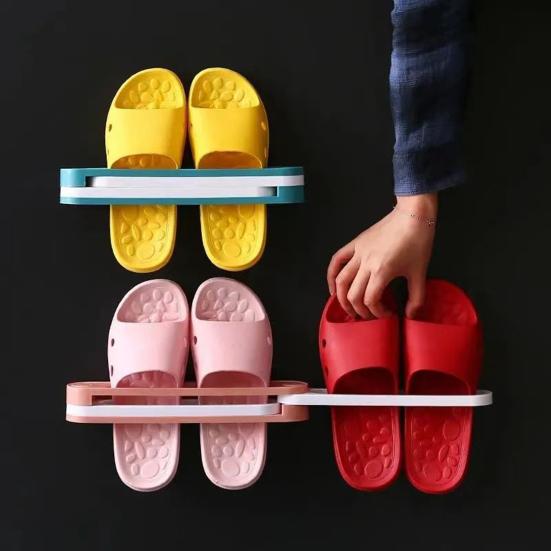 2Pcs Slippers Storage Rack Punching Free 3 In 1 Wall-Mounted Folding Organizer Kitchen Bathroom Slipper Stand