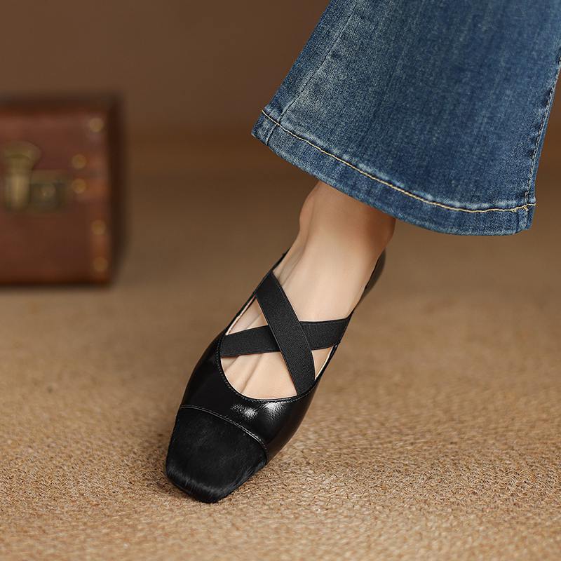 Krazing Pot Cow Skin Spring Summer Size 41 Horsehair Thick Low Heels Women Square Toe Basic Clothing Shallow Pumps