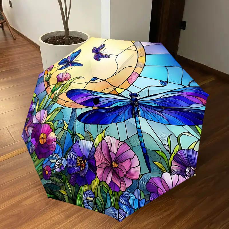 1PC Dragonfly Flowers Automatic Open/Close Umbrella with Windproof, 8-Rib Sturdy Canopy, Durable Ribs, Fashionable Design, Outdoor Accessory, Fun Prin