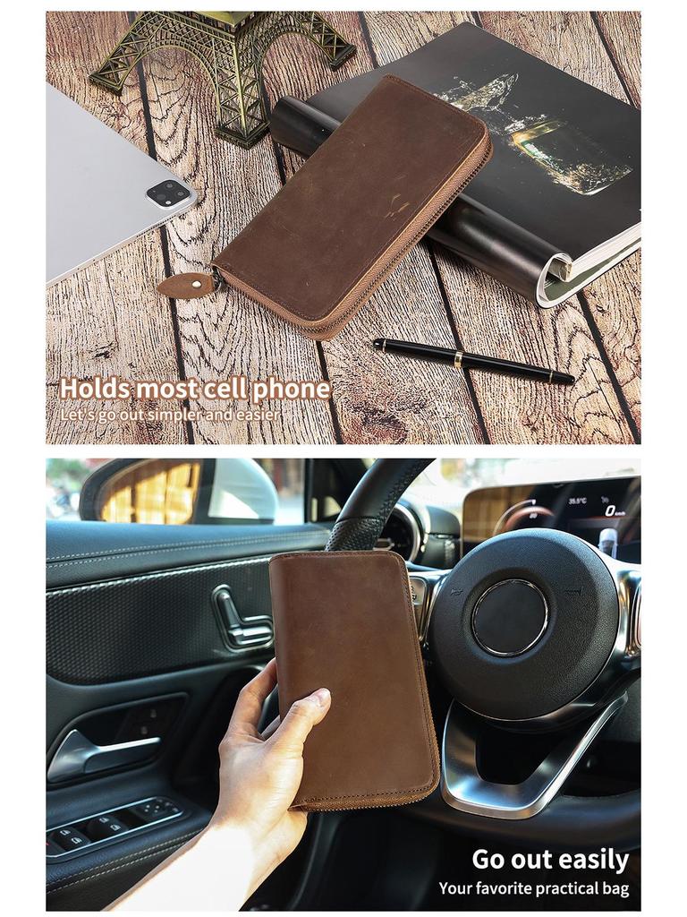 Men's RFID Retro Crazy Horse Leather Long Wallet Clutch - Genuine Leather Coin Purse