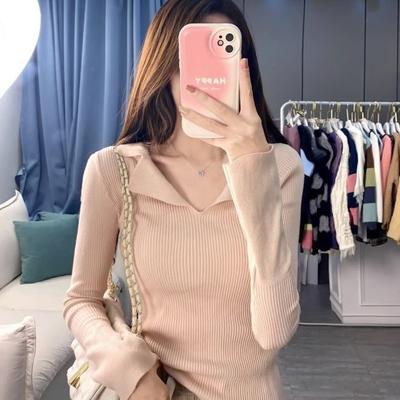 French Temperament POLO Collar Autumn Women's Knitted Sweater Design Sense Base Shirt Slim Fit Top