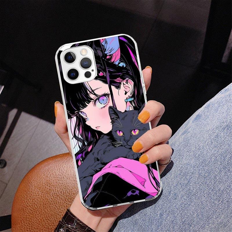 Anime Girls Cute Black Cat Phone Case For iPhone 17 Air 16 Pro Max 16E 15 + 14 Plus 11 12 13 Mini 7 8 SE Gift Print Cover Fundas