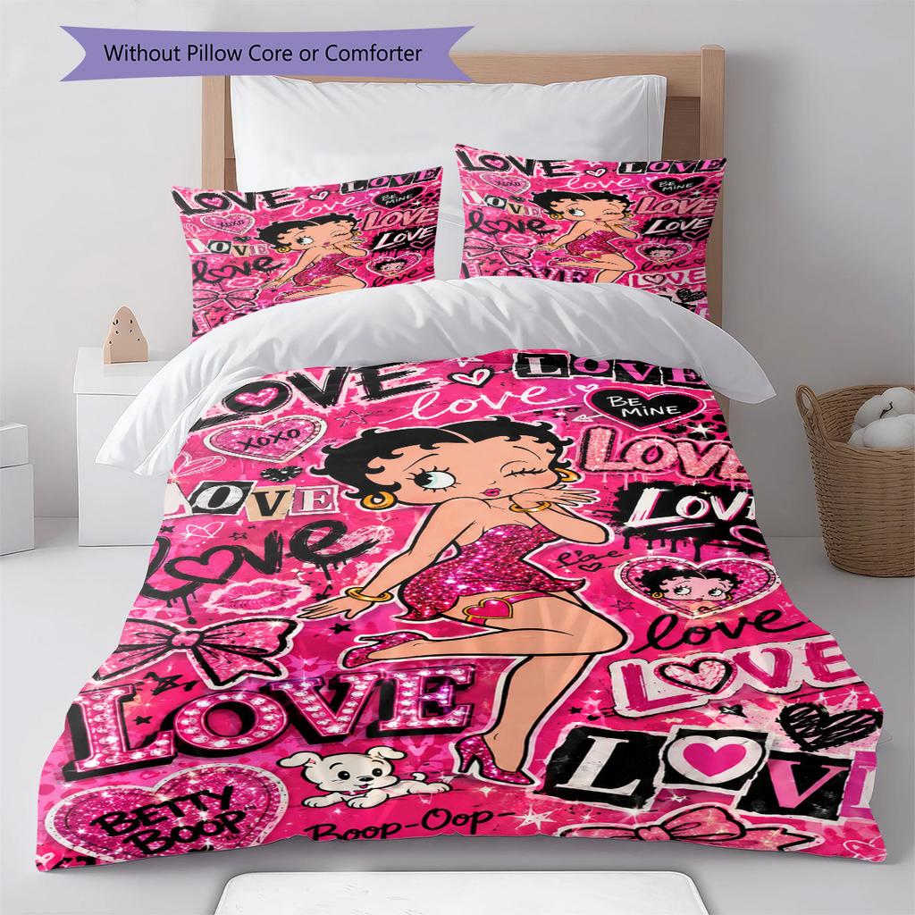 Betty Boop Pattern Bedding Set Quilt Cover Pillowcase Home Decor Gift (1 * Duvet Cover + 2 * Pillowcase, Without Core)