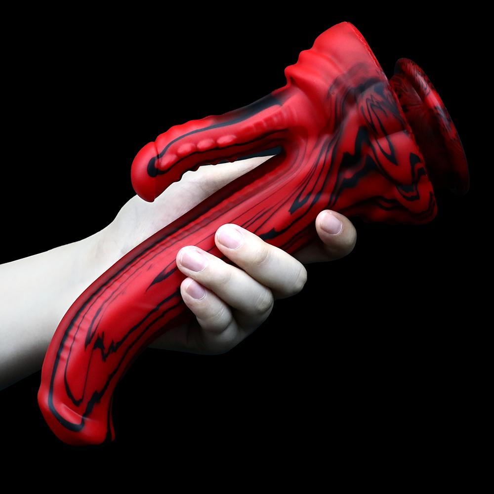 Rotschwarzer Silikon-Monsterdildos, Fantasie-Pferde-/Hundedildo mit Knoten, riesiger Schwanz, dicker Analpenis mit starkem Saugnapf
