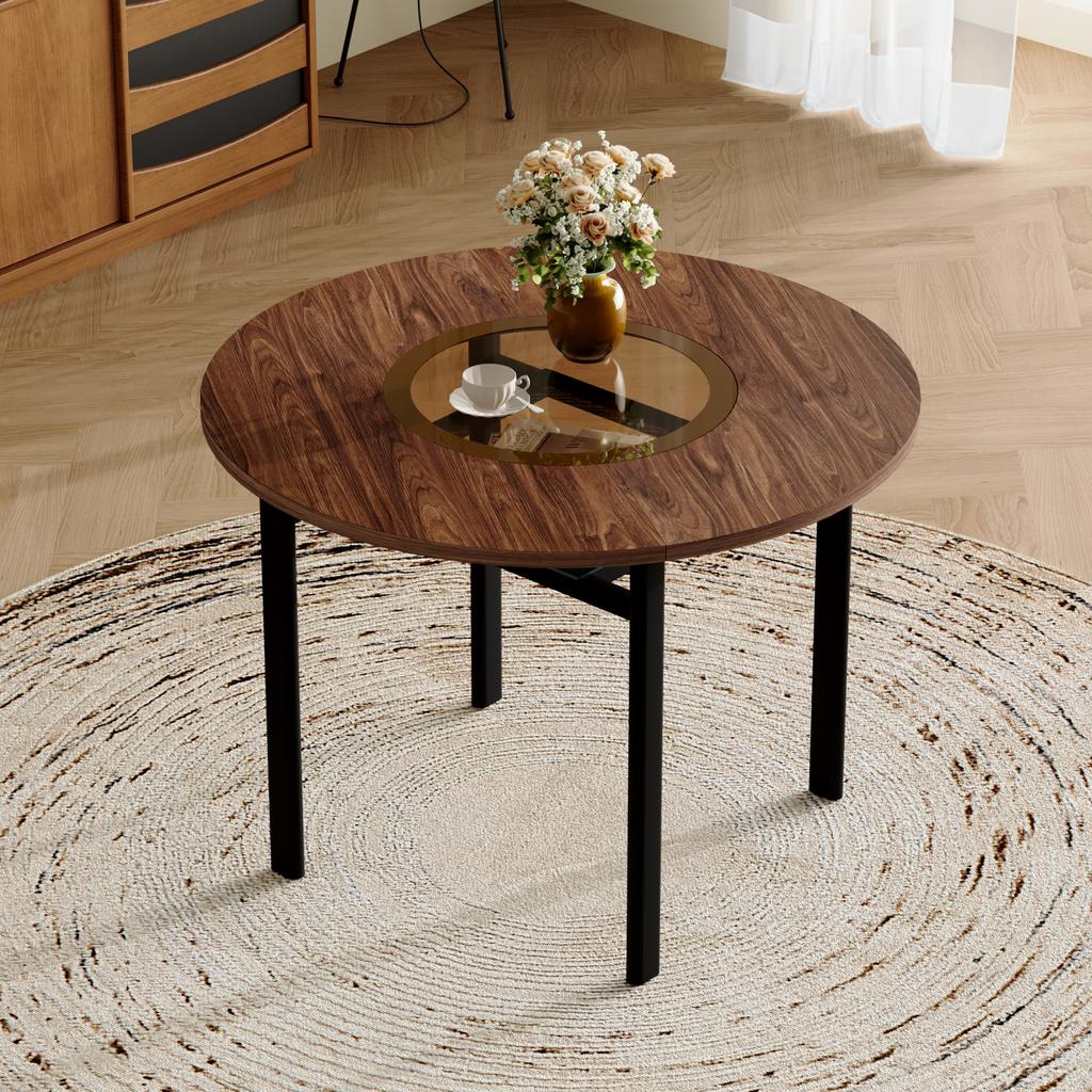 Round Table Modern Minimalist Design with 100 cm Diameter and Brown Wood Pattern, Suitable for 2-4 People (Brown-Grey Glass Plate and Metal Frame).