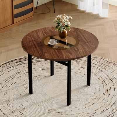 Round Table Modern Minimalist Design with 100 Cm Diameter and Brown Wood Pattern, Suitable for 2-4 People (Brown-Grey Glass Plate and Metal Frame).