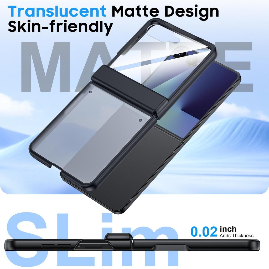 Translucent Matte Protective Case with Tempered Glass Screen Protector for Samsung Galaxy Z Flip 7, Hinge Protection Slim Cover-Black