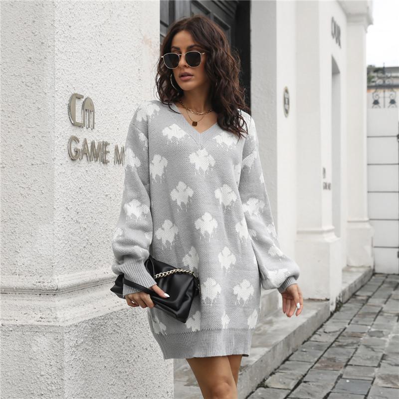 Wiosna jesień chmury wzór powyżej kolana Mini sweter z dzianiny sukienka kobiety dorywczo proste O-Neck pełna rękaw luźna talia S-L