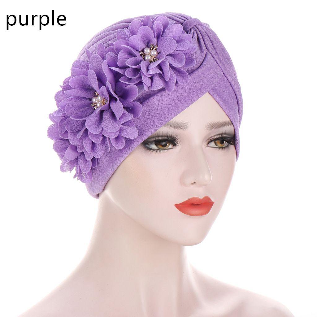 

Женский тюрбан Эластичный Жемчужный Платок на голову Аксессуары для волос Женские Цветы Рюши Тюрбан Шапочка фиолетовый