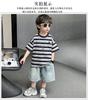 Boys' Summer Striped Short Sleeved Denim Shorts Two-piece Set, Children's Handsome and Versatile Casual Set, Thin